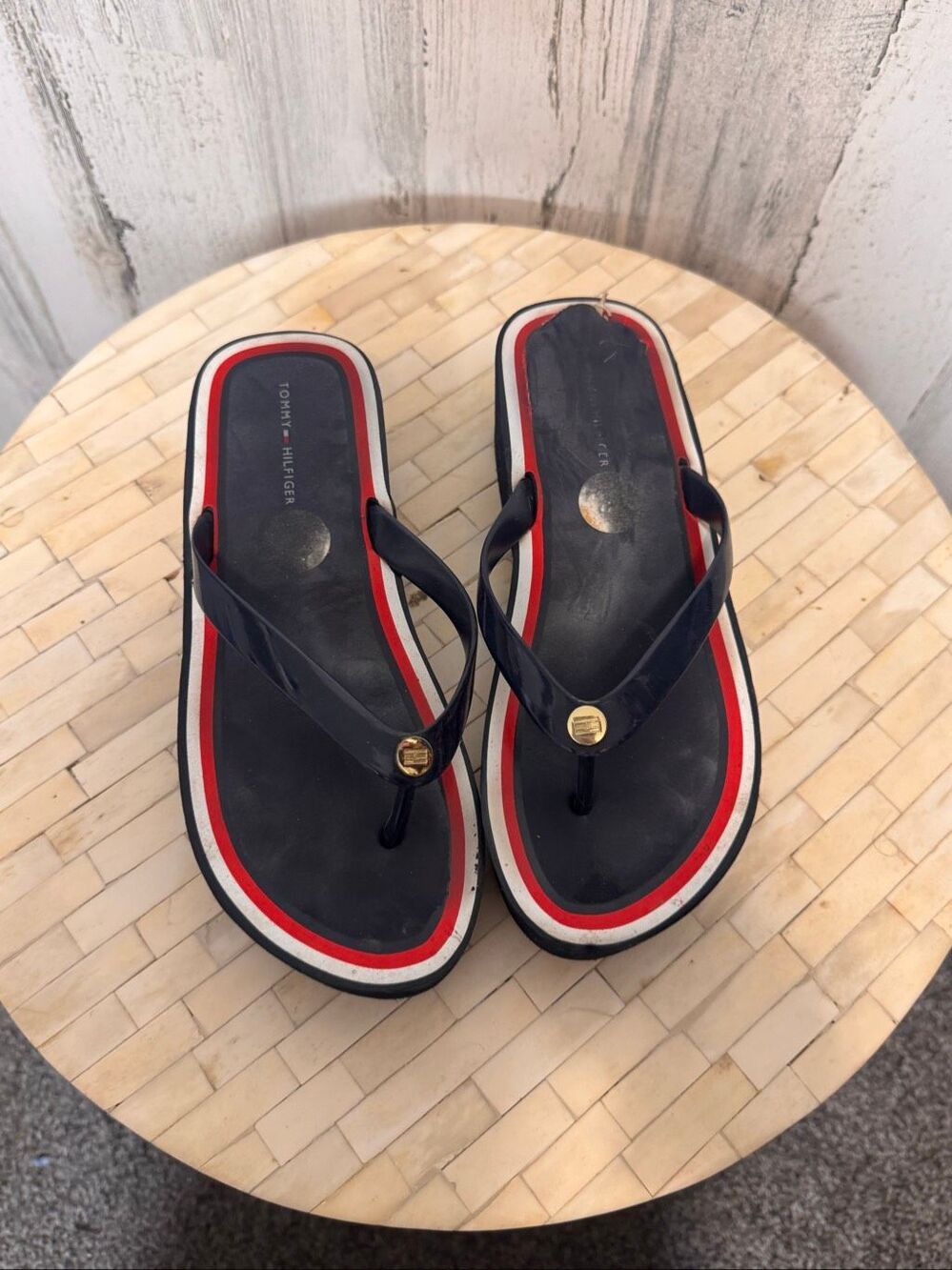 Tommy Hilfiger Navy Blue Red White Platform Flip Flops Wedge Sandals Womens